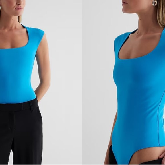 NWT Body Contour High Compression Scoop Neck Cap Sleeve Thong Bodysuit Blue Med - Picture 2 of 2